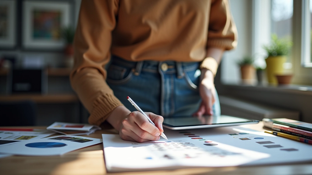 Creatieve webdesigner werkt aan visuele compositie met fotografie en illustratie in moderne studio