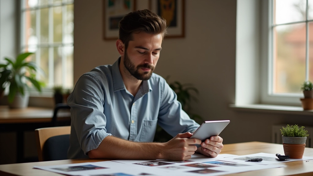 Designer aan het werk met tablet en fotografie's op bureau, warm licht uit raam