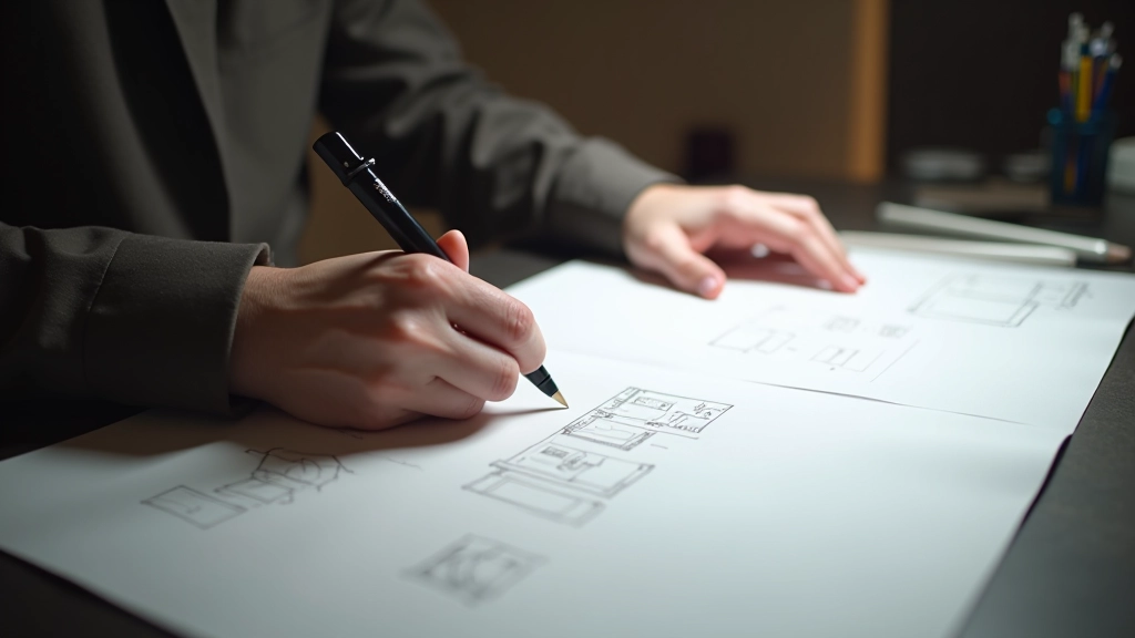 Hands-on workshop scene toont designer die compositie-technieken toepast op papier mockups