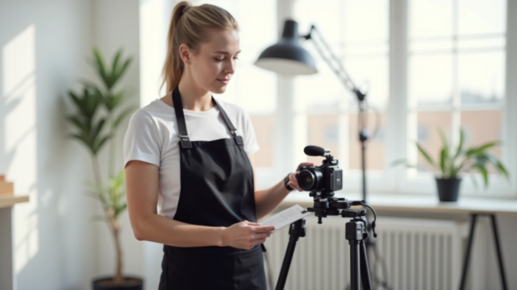 Professionele fotografe werkt met camera op statief in studioruimte met natuurlijk licht