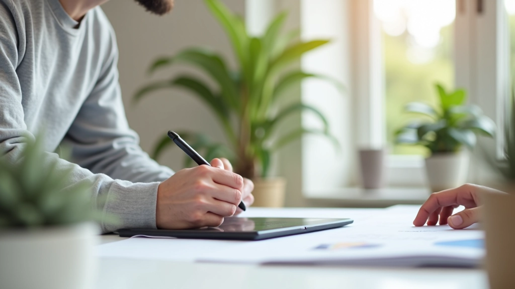 Illustrator werkt aan digitaal tablet met stylus pen en kleurenpalet op grafisch ontwerpbureau