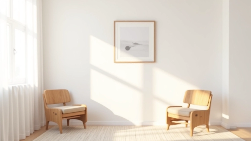Minimalistisch interieur met natuurlijk licht, schone lijnen en neutrale kleuren in Noordeuropese setting