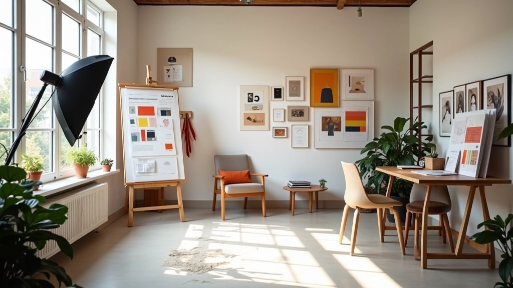 Ons creatieve ontwerp studio met kleurenpalet en design materialen